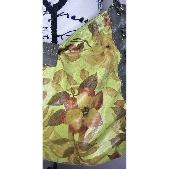 Vtg Sharif Studio Botanical Green Yellow Leather Hobo Bag Alligator Chain Accent - Picture 9 of 16